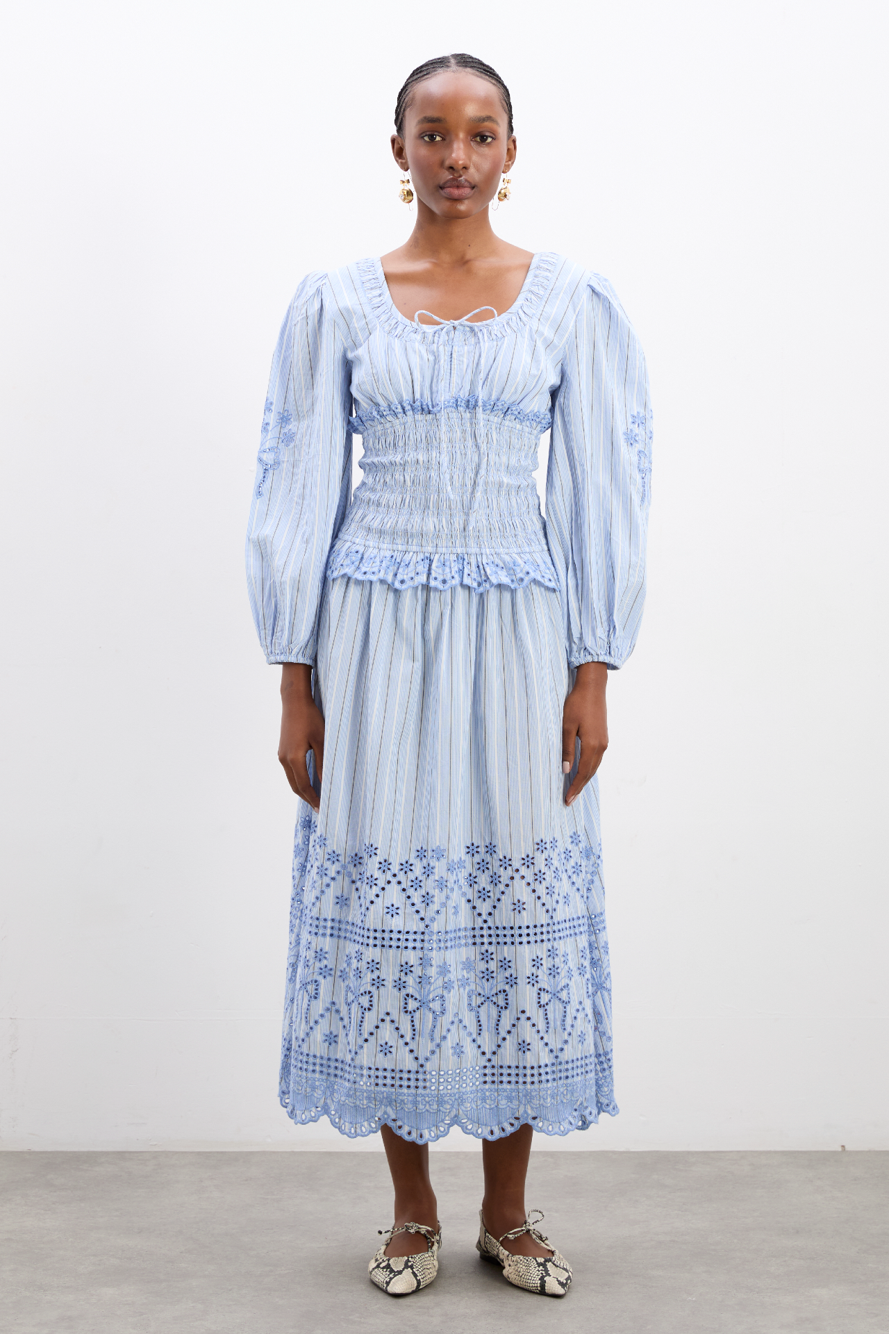 nola midi dress - blue business stripe