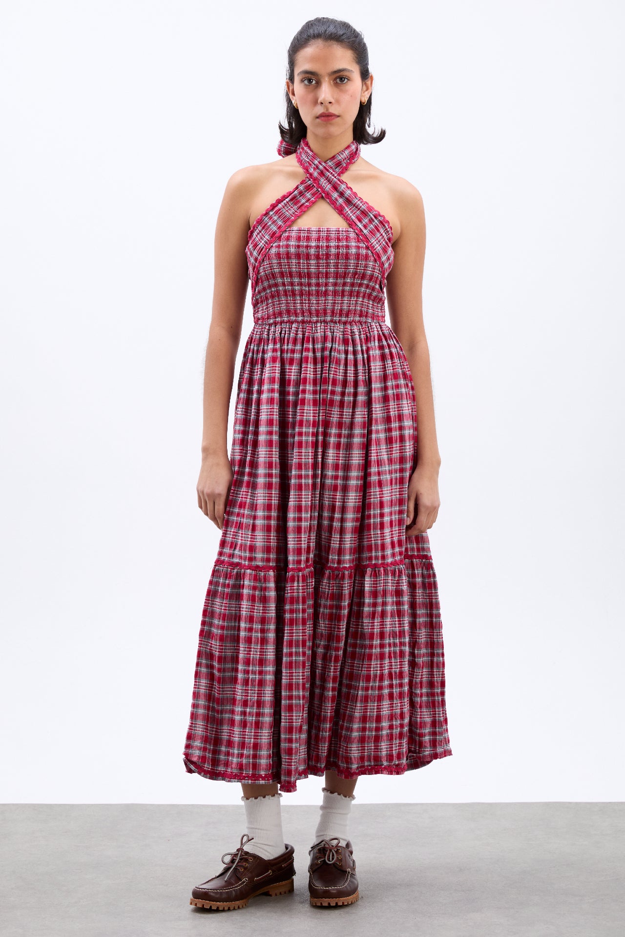 pia midi dress - red check