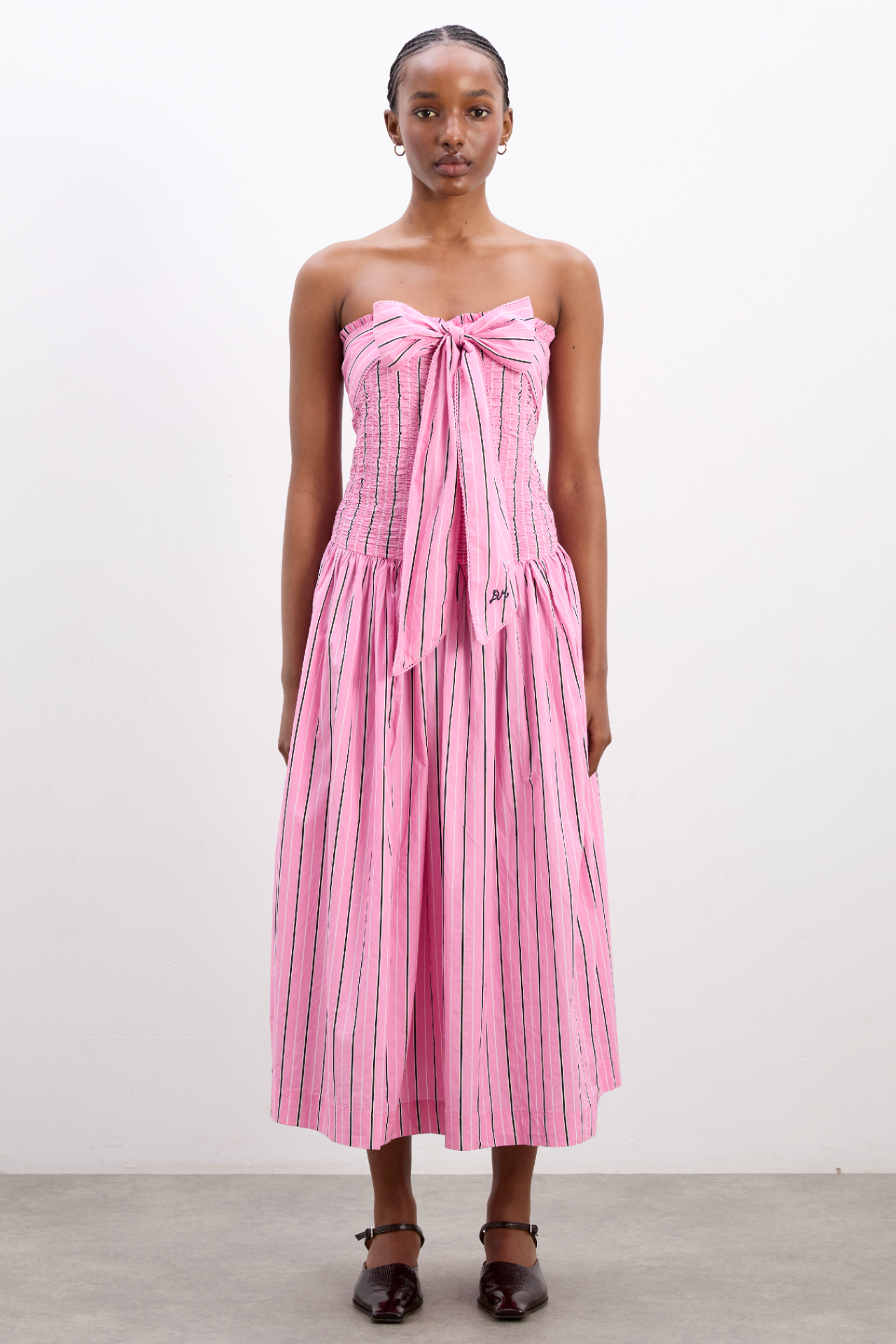 mia midi dress- pink business stripe