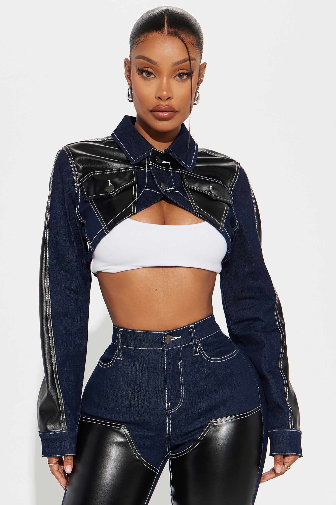 Cut It Close Faux Leather Denim Bolero Jacket